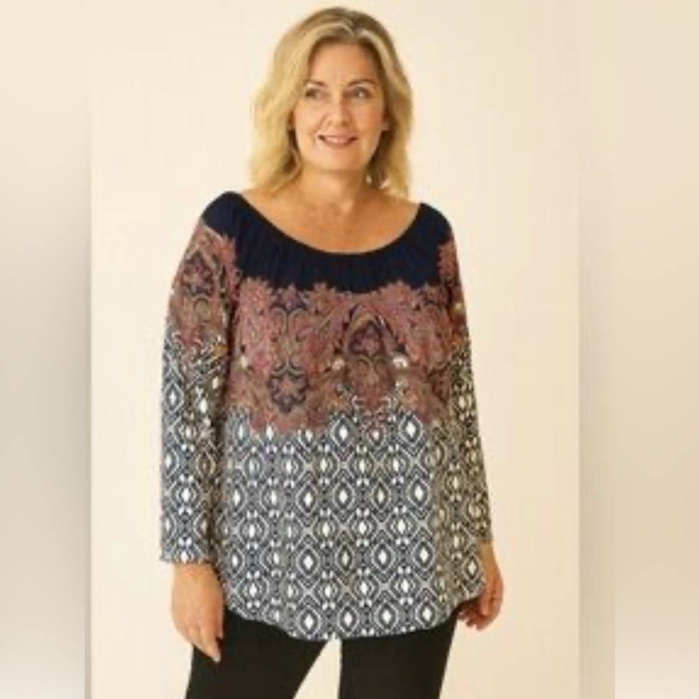 Dressbarn Womens Size XL round neckline stretchy blouse paisley top Dress Barn